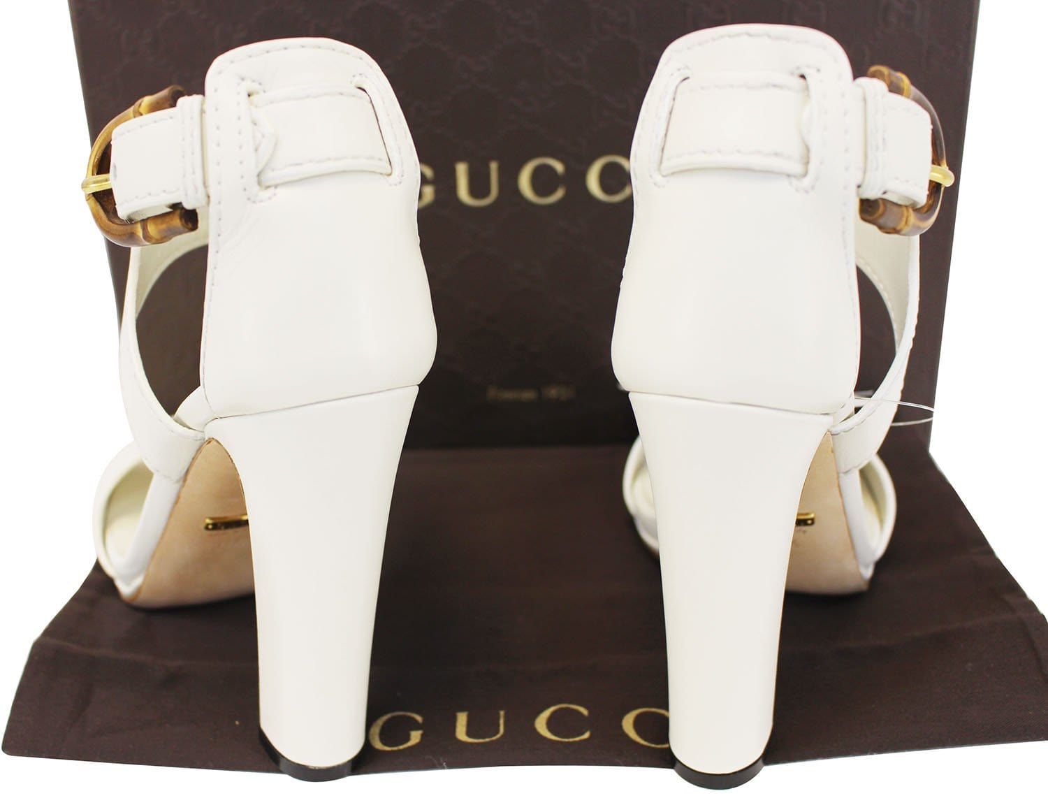 GUCCI Lifford Leather Off White Platform Sandal Bamboo Buckle 338712