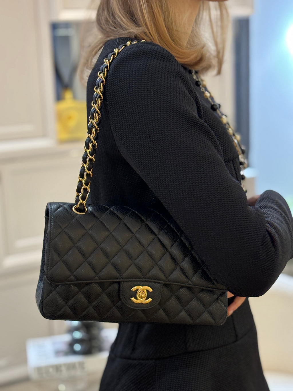 Chanel Black Medium Classic Double Flap Quilted Caviar 2016