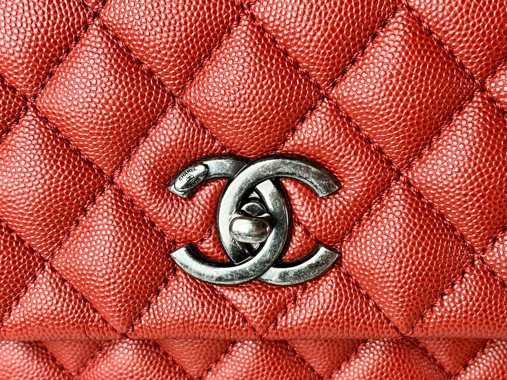 CHANEL Red Medium Coco Handle Top Handle Quilted Caviar Leather Bag