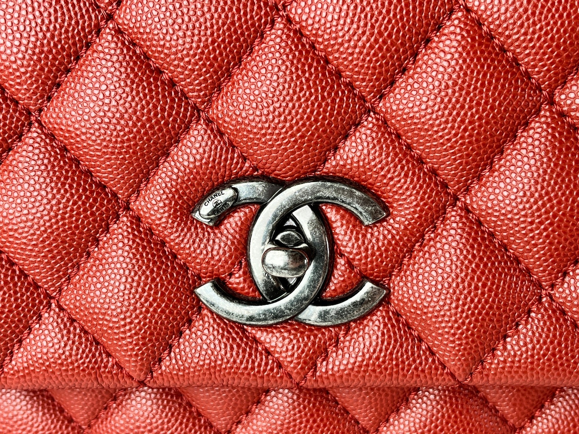 CHANEL Red Medium Coco Handle Top Handle Quilted Caviar Leather Bag