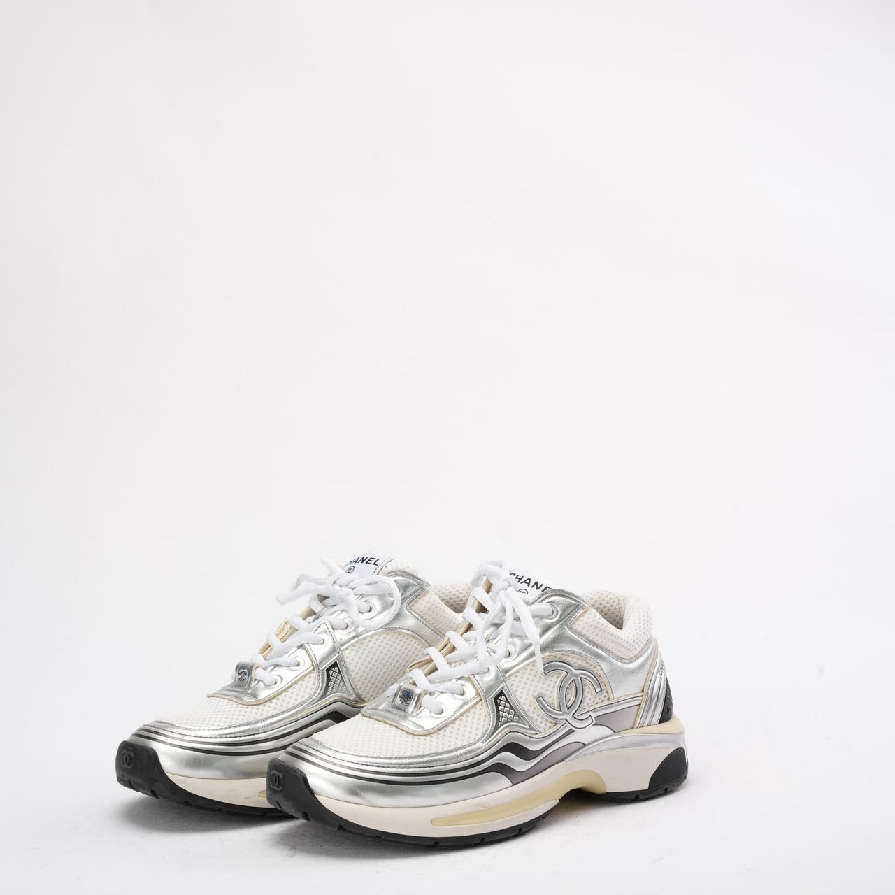 Chanel CC Logo Sneaker in White and Silver 38.5