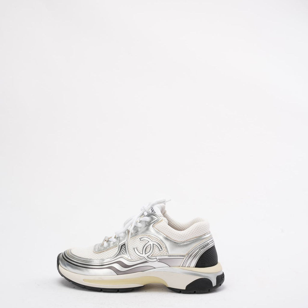Chanel CC Logo Sneaker in White and Silver 38.5