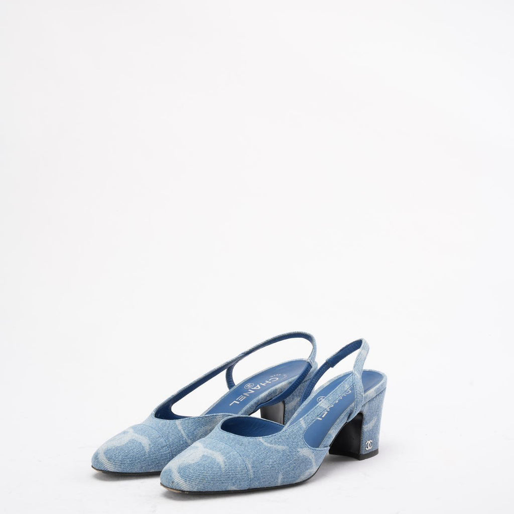 Chanel Blue Denim White CC Logo Slingback Pumps 38.5