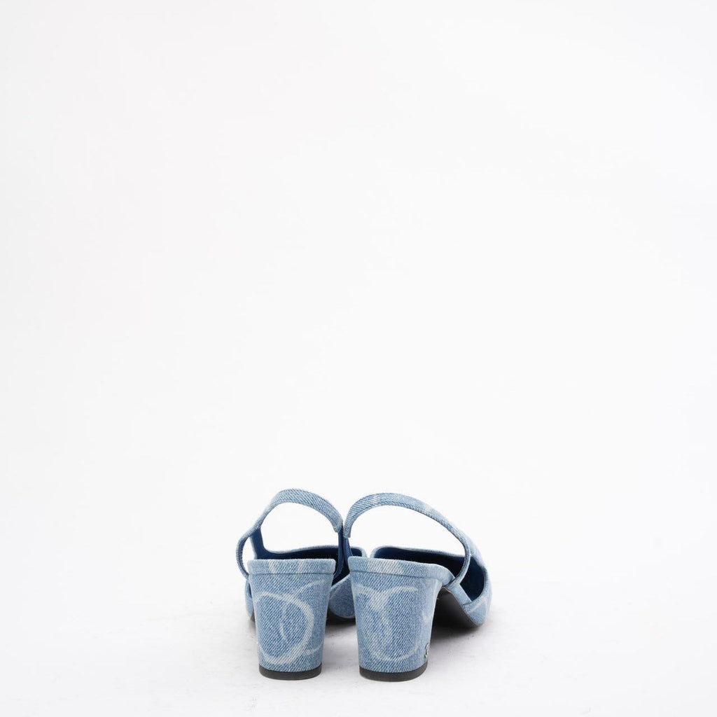 Chanel Blue Denim White CC Logo Slingback Pumps 38.5