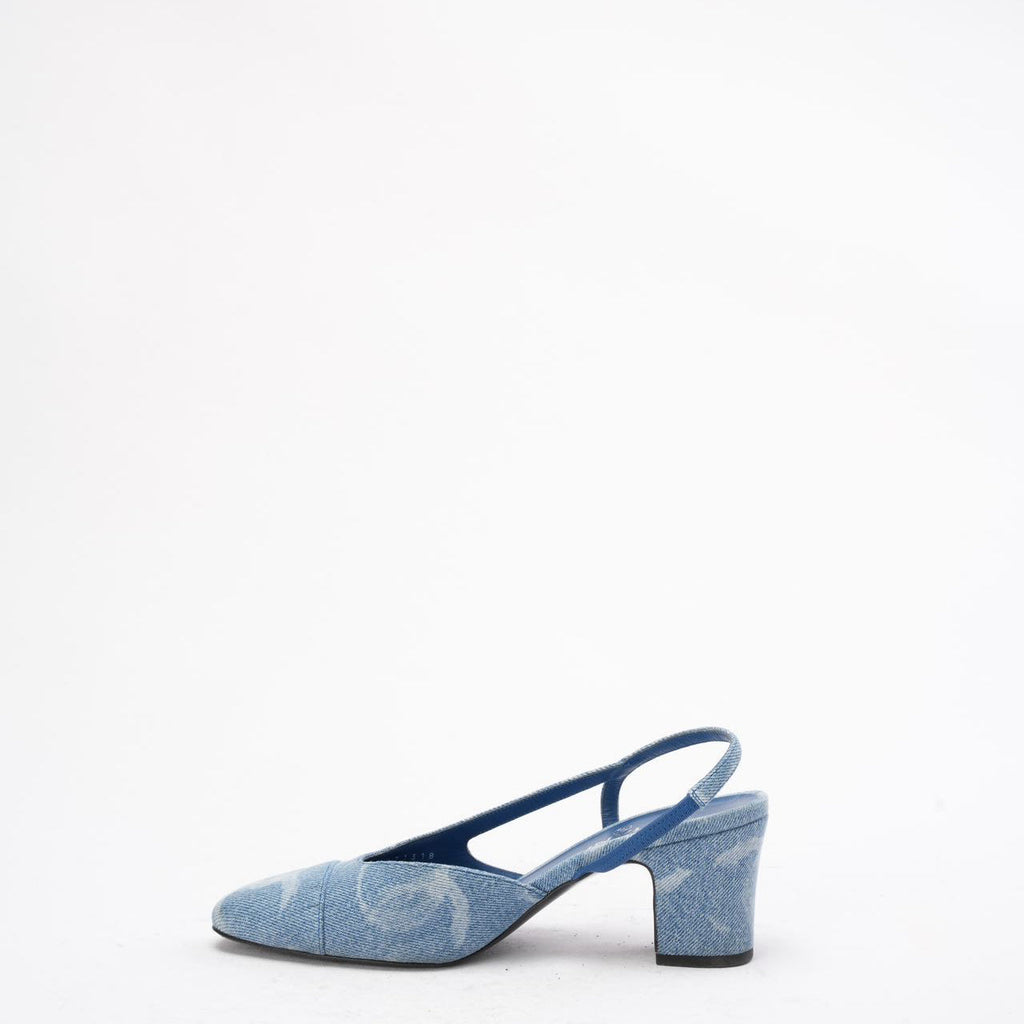 Chanel Blue Denim White CC Logo Slingback Pumps 38.5