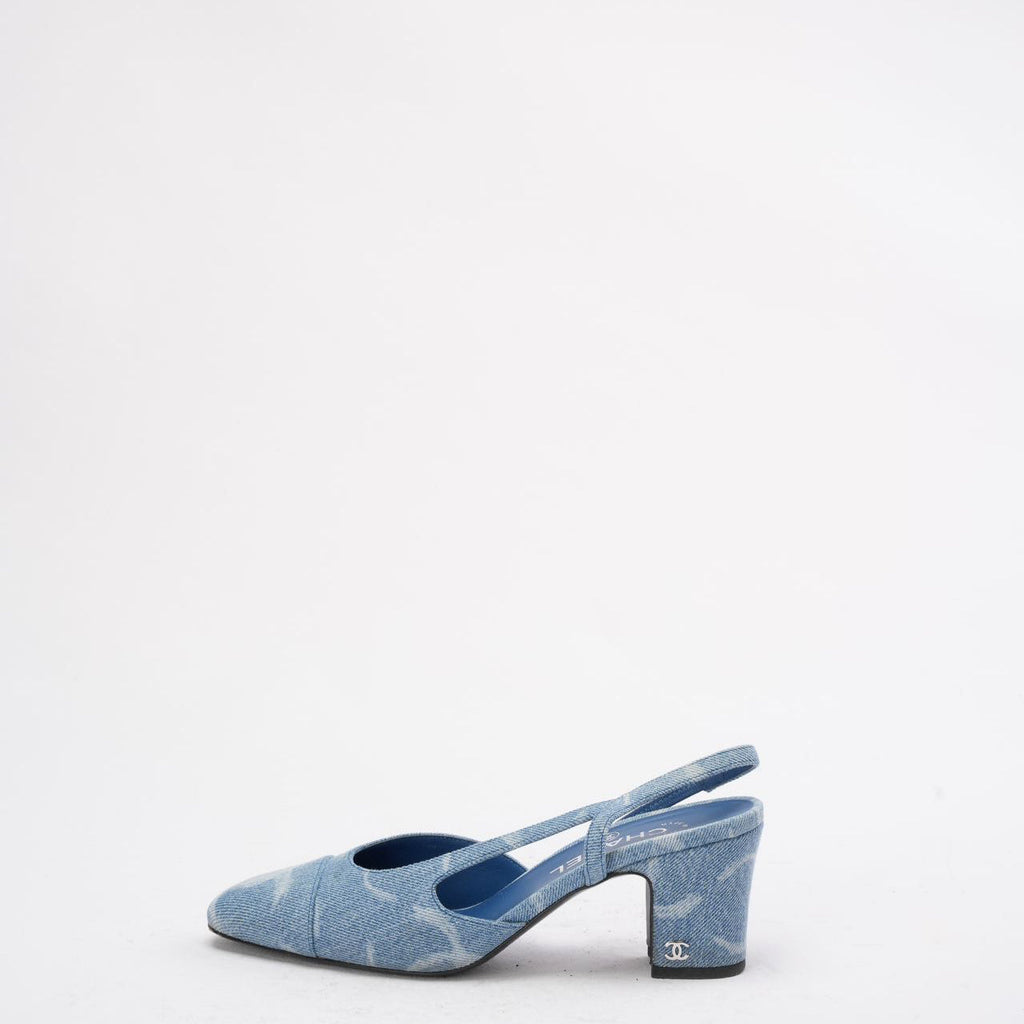 Chanel Blue Denim White CC Logo Slingback Pumps 38.5