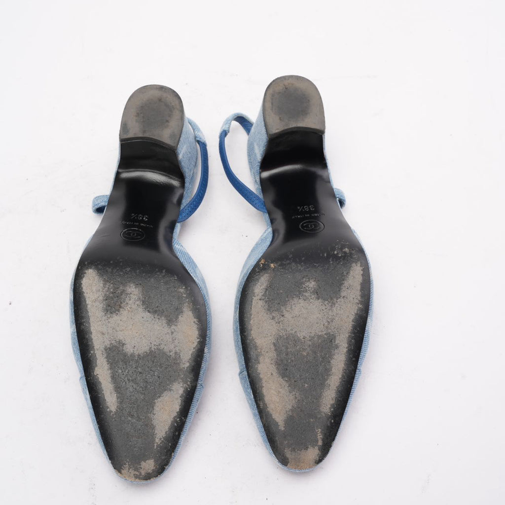 Chanel Blue Denim White CC Logo Slingback Pumps 38.5