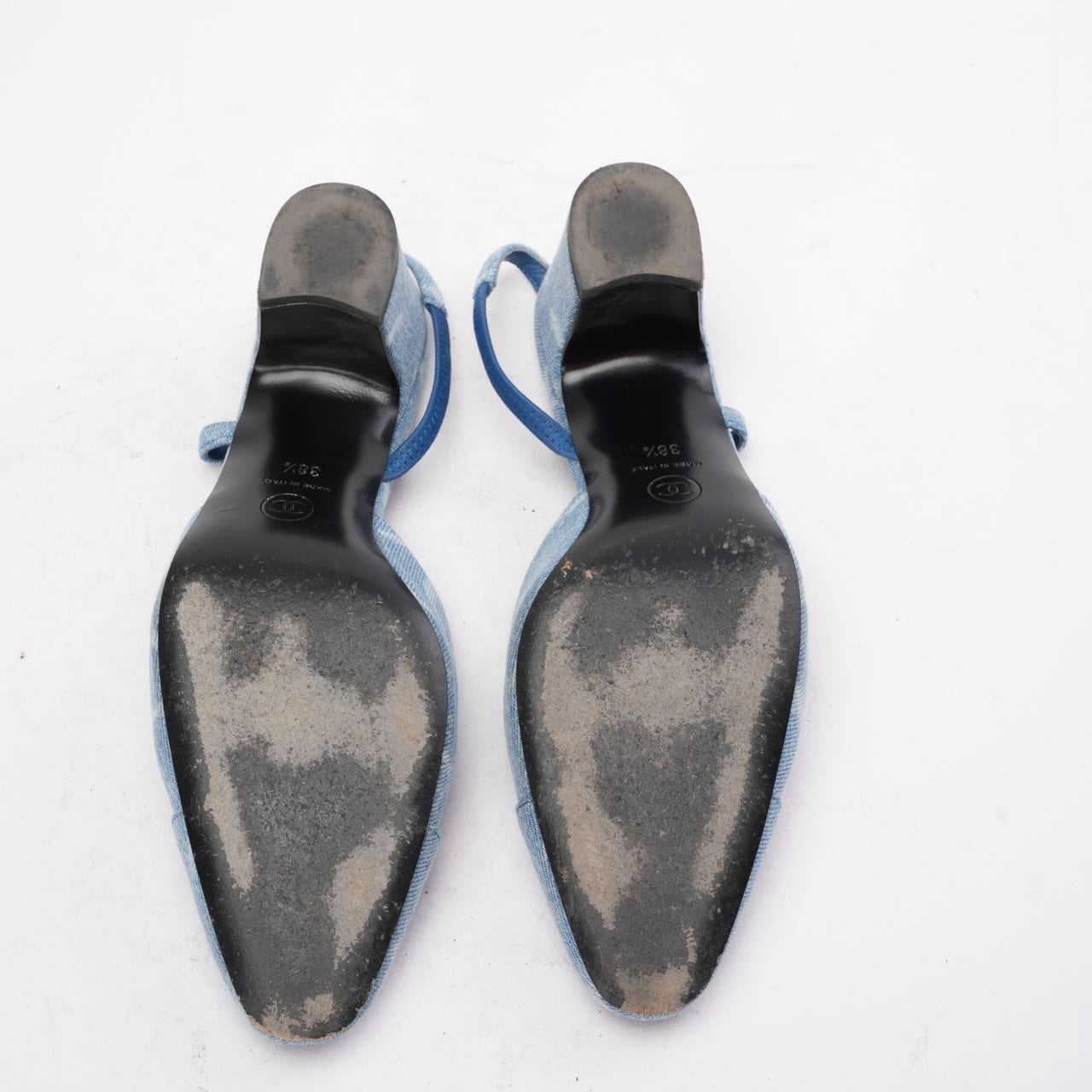 Chanel Blue Denim White CC Logo Slingback Pumps 38.5