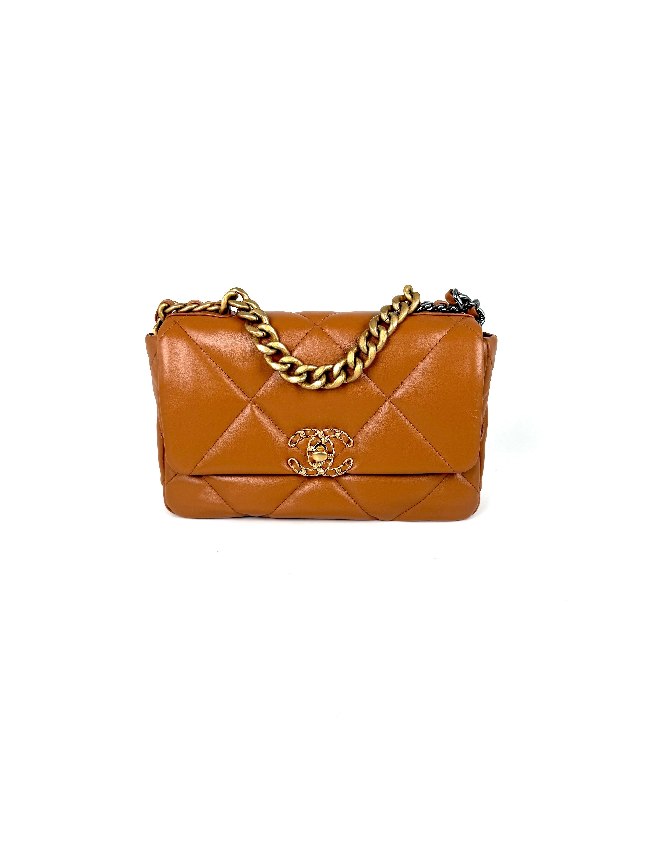 CHANEL 19 Small Carmel Brown Lambskin Gold Hardware Flap Bag