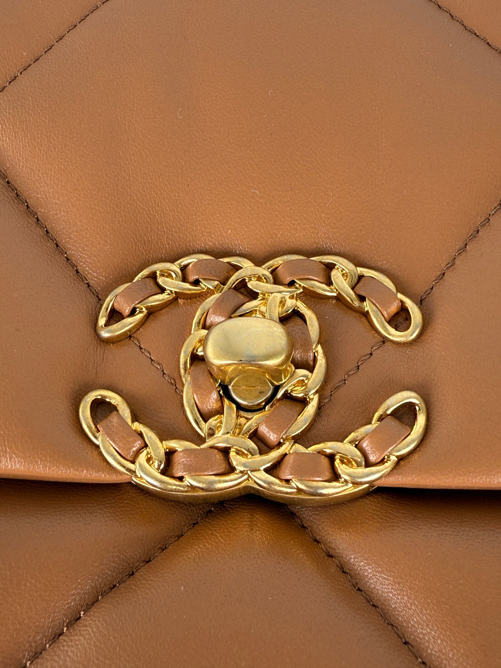CHANEL 19 Small Carmel Brown Lambskin Gold Hardware Flap Bag