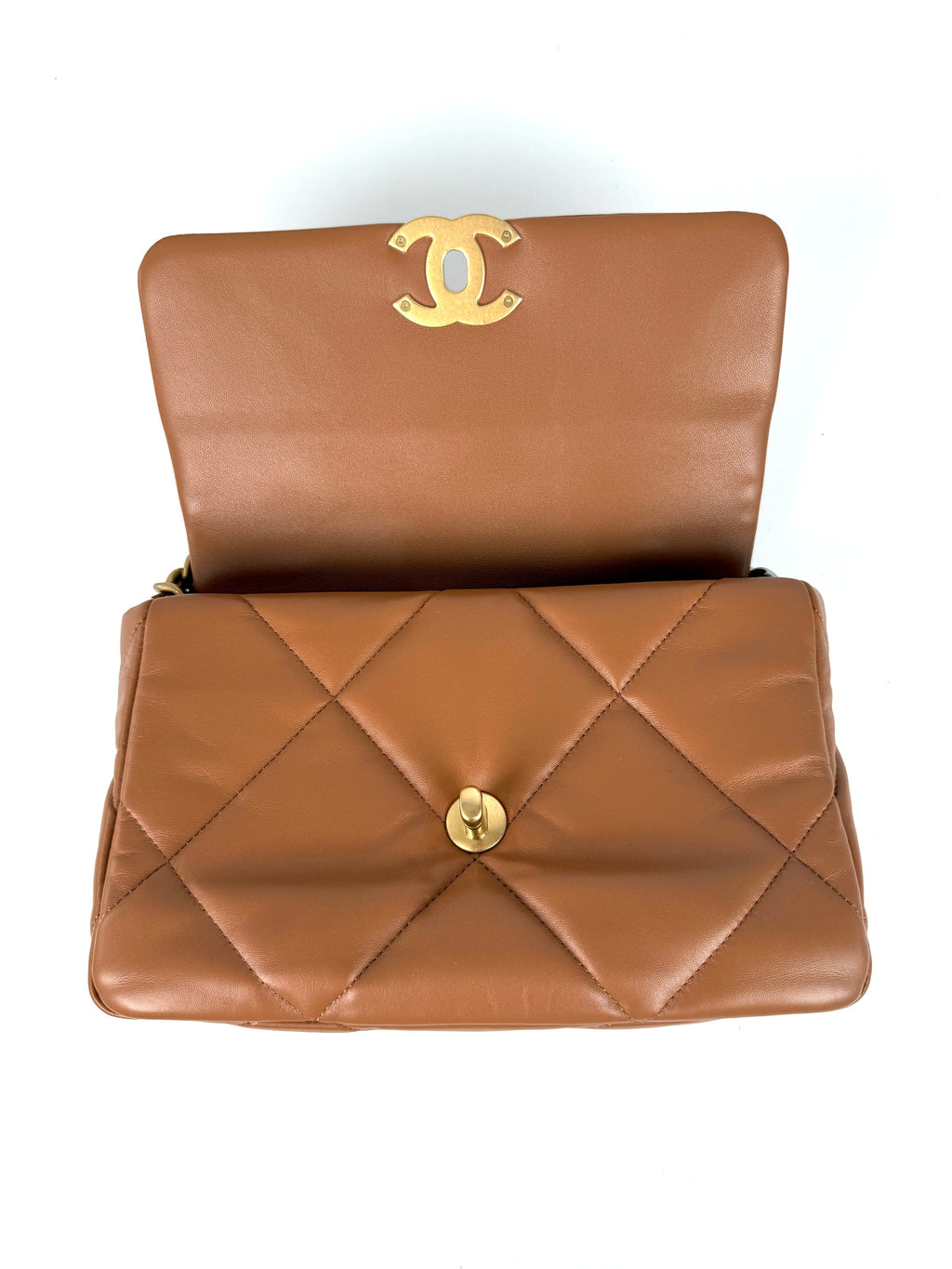CHANEL 19 Small Carmel Brown Lambskin Gold Hardware Flap Bag