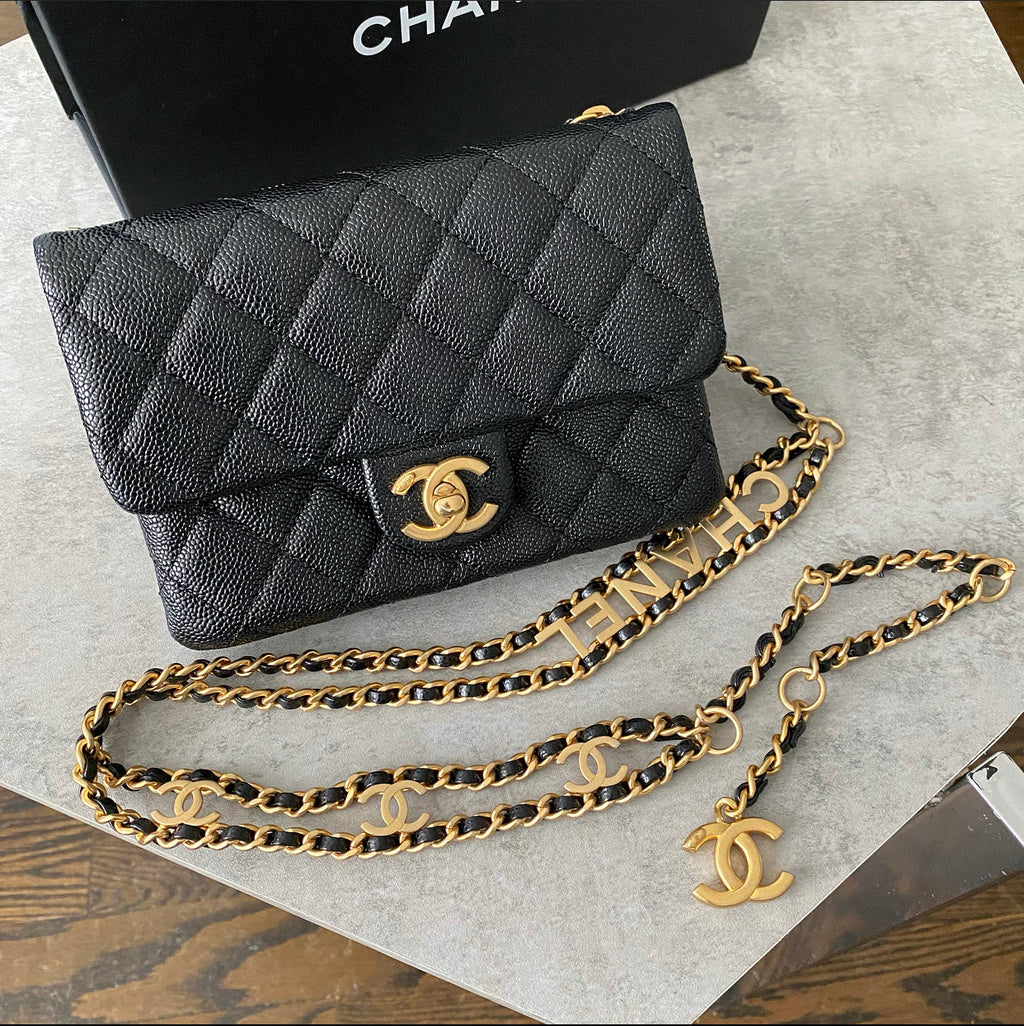 Chanel 22S Black Caviar Gold Logo Chain Belt Bag