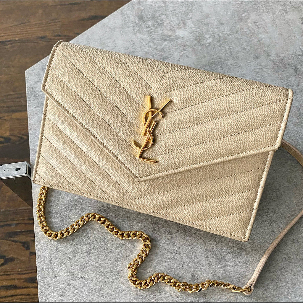 Saint Laurent Beige Chevron Monogram Wallet on Chain Crossbody