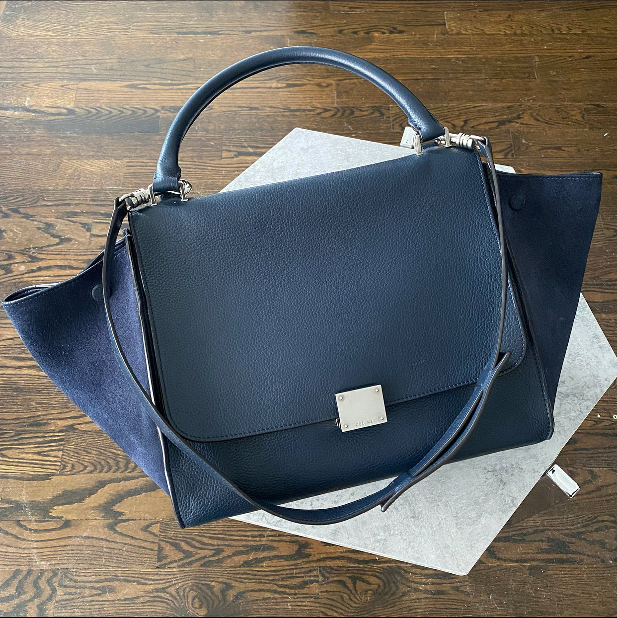Celine Navy Leather and Suede Trapeze Two-Way Bag