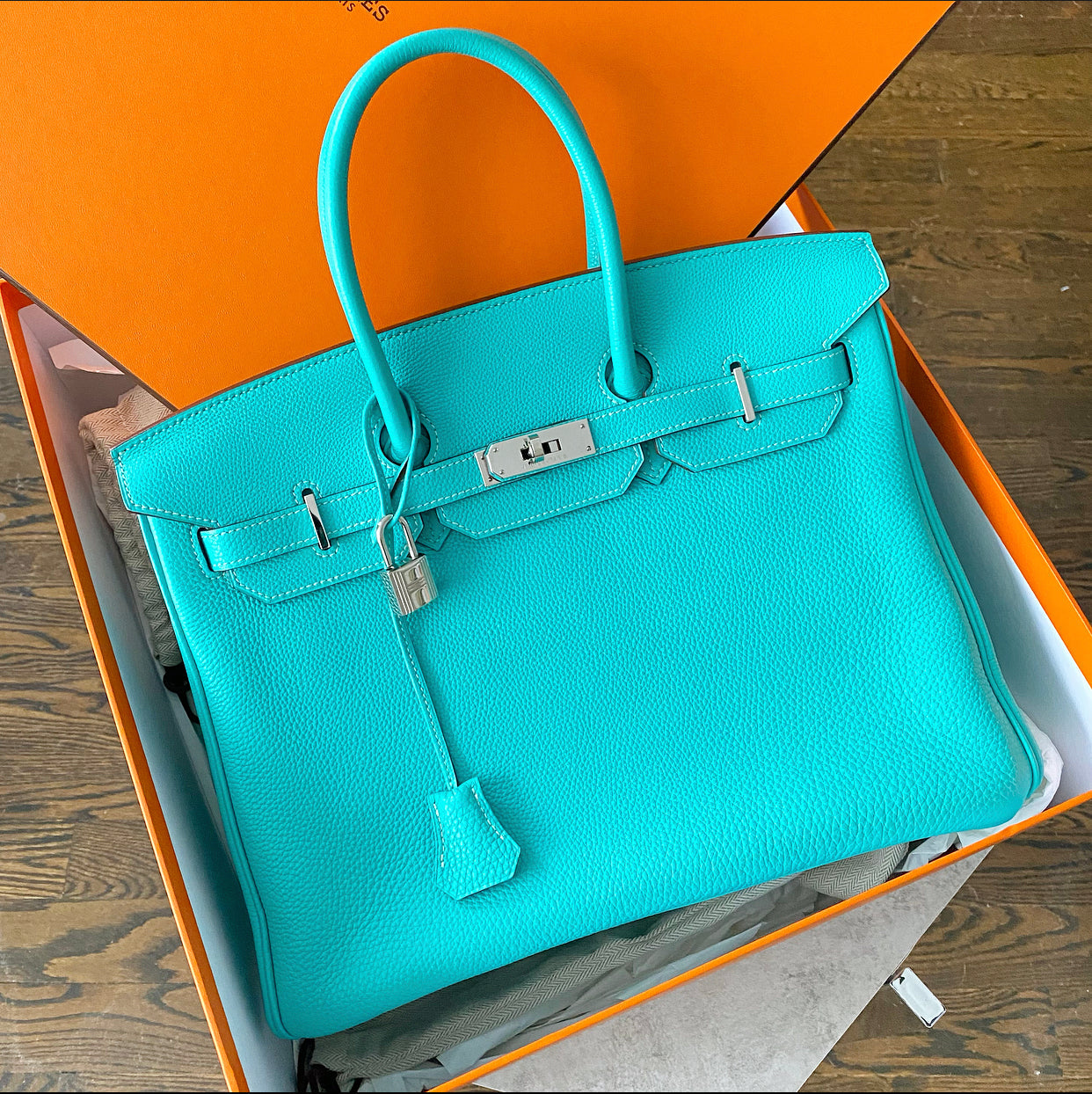 Hermes Birkin 35 PHW Togo Bleu Lagon / Blue Lagoon Bag