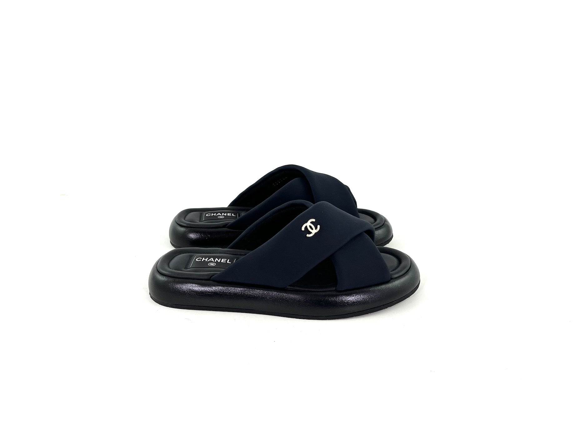CHANEL Puffy 2022 Criss Cross Black Slide Sandals 41 10