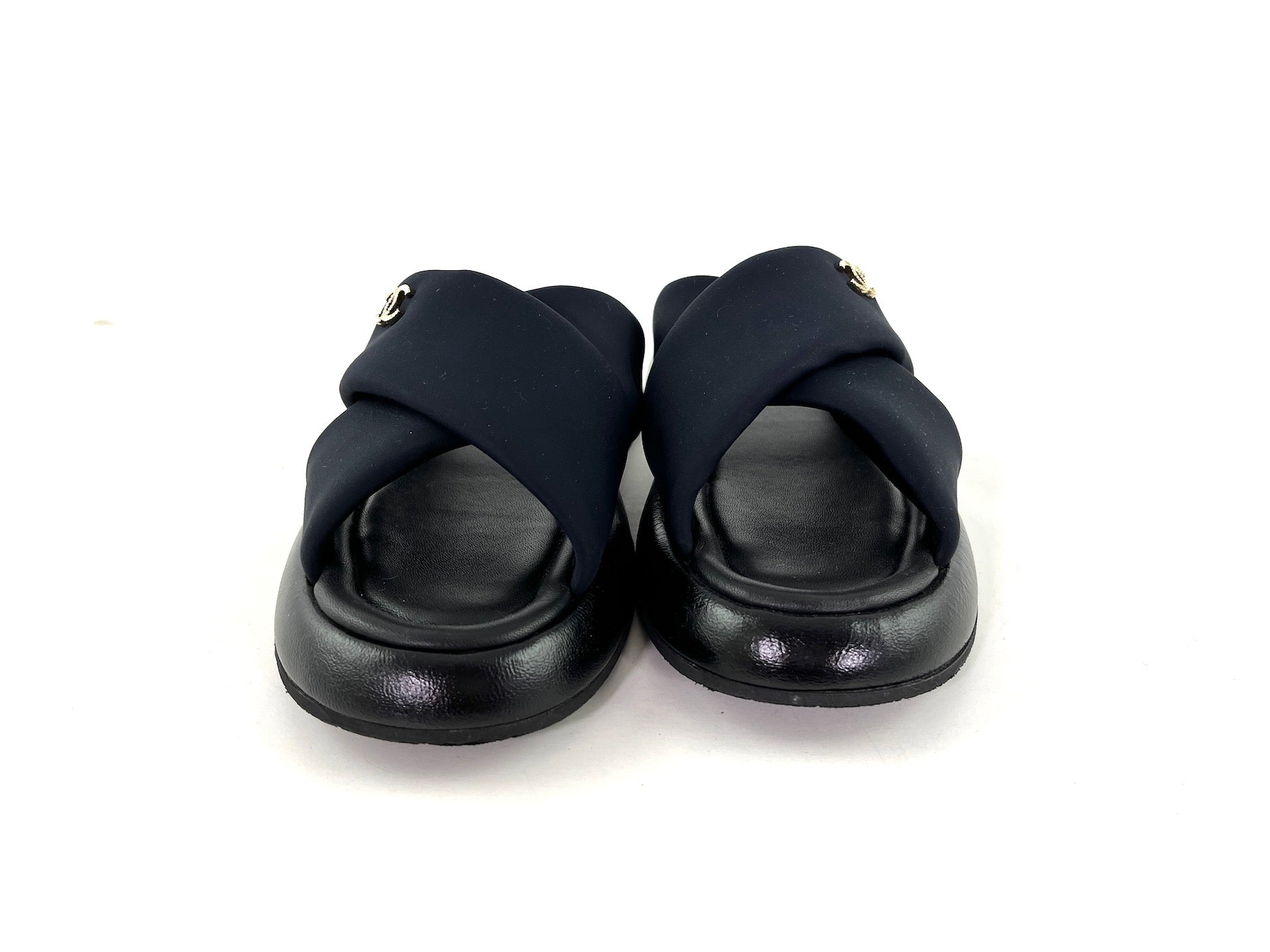 CHANEL Puffy 2022 Criss Cross Black Slide Sandals 41 10