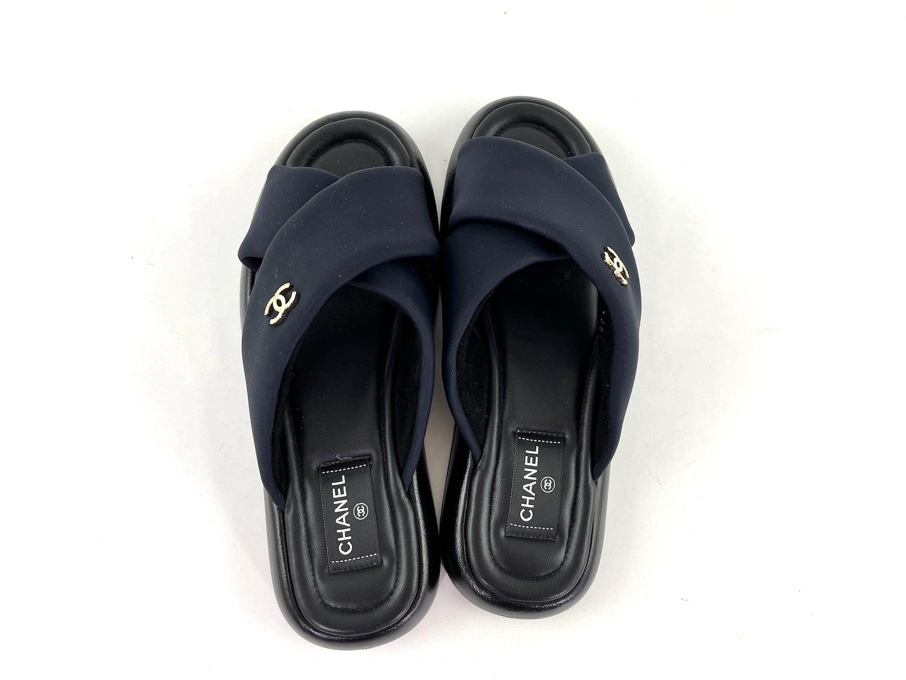CHANEL Puffy 2022 Criss Cross Black Slide Sandals 41 10