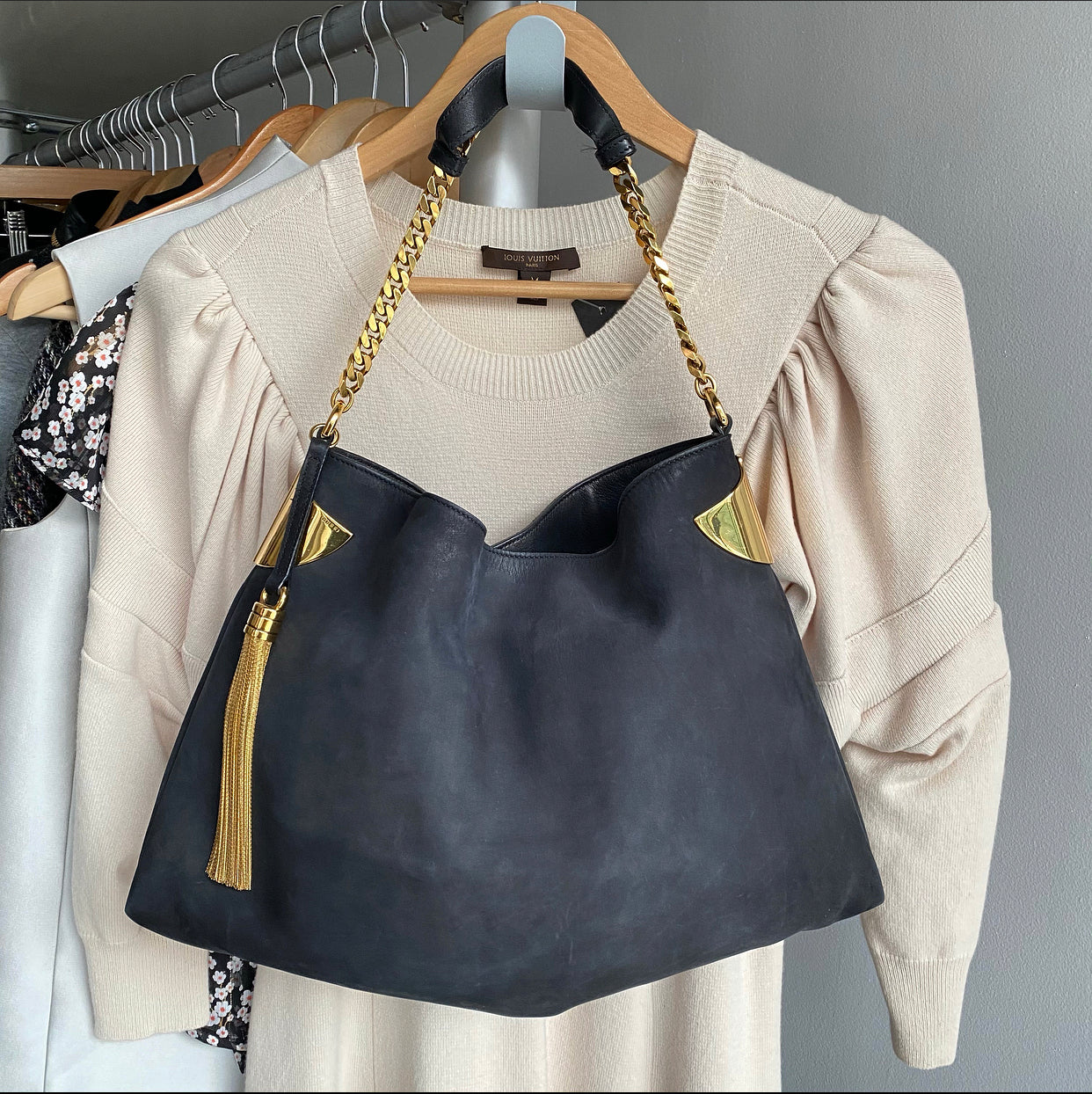 Gucci Black Nubuck Leather 1970 Medium Gold Chain Hobo Bag