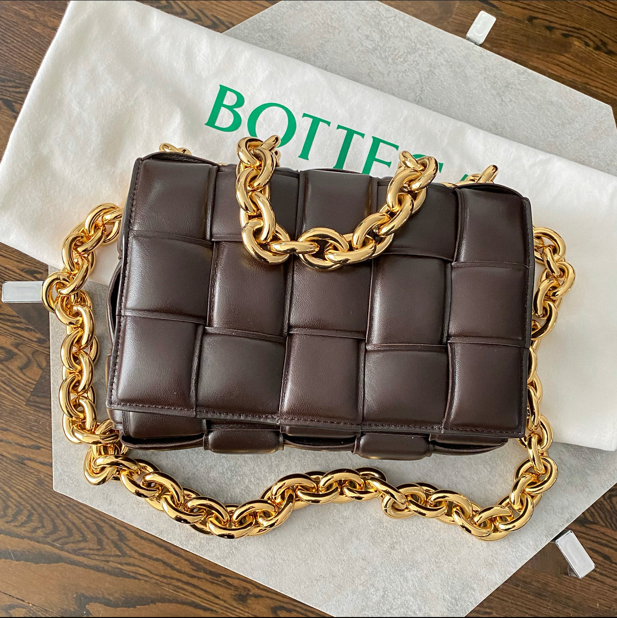 Bottega Veneta Padded Casette Chain Dark Brown Leather Bag