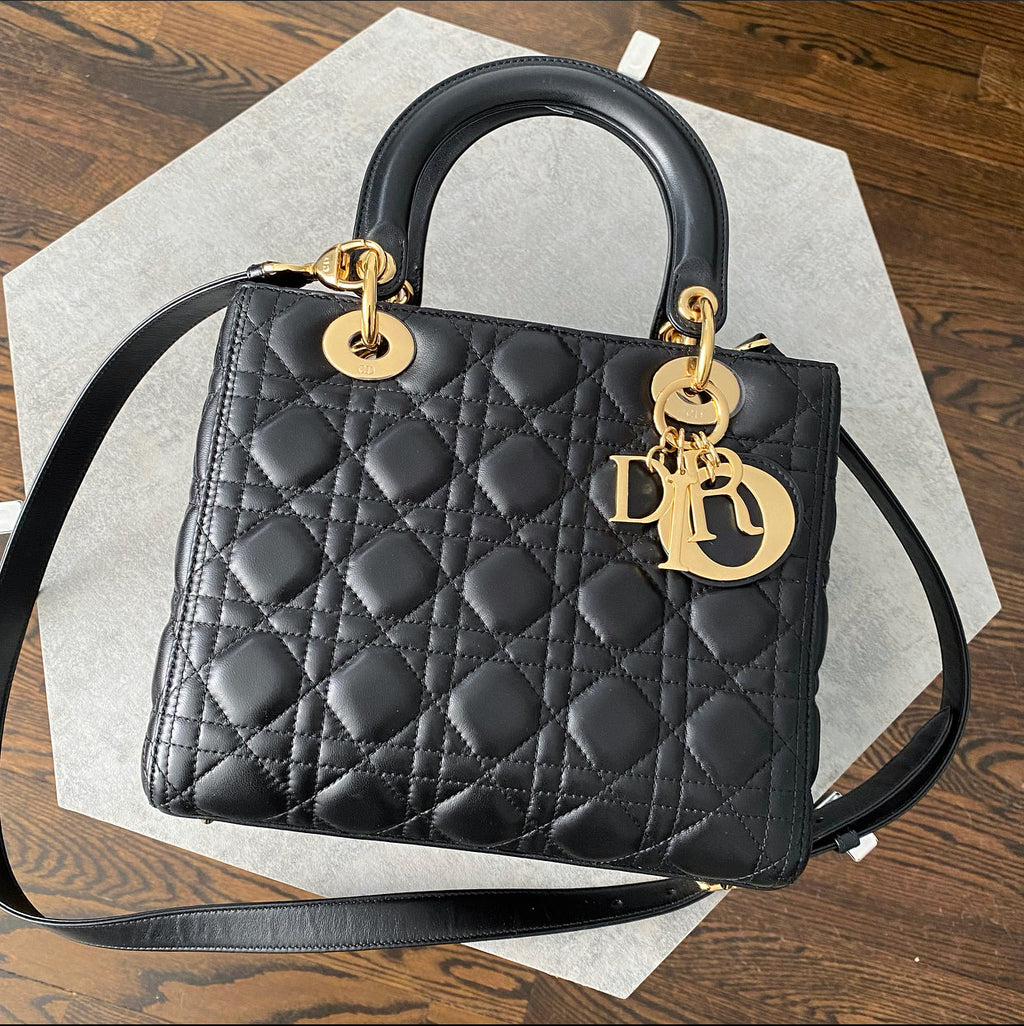 Dior Lady Dior Medium Black Lambskin Cannage Crossbody Bag
