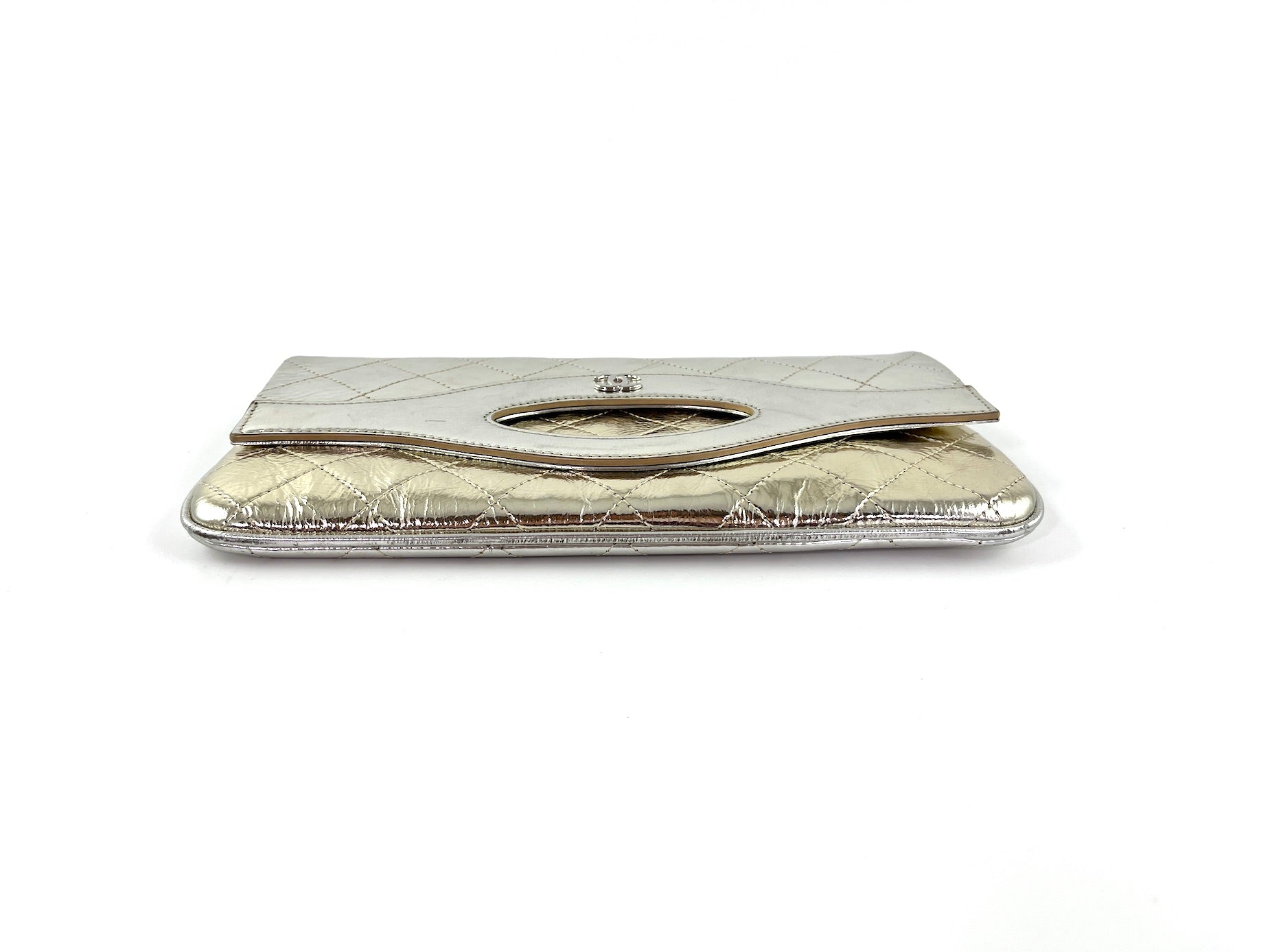 CHANEL 2019 Silver Gold Metallic Quilted 31 O Case Flap Clutch Bag