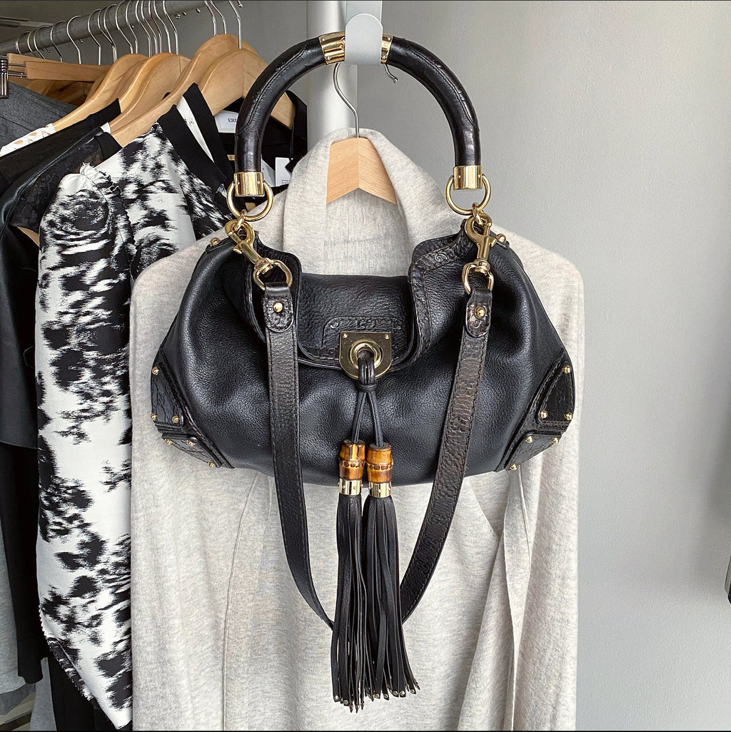 Gucci Black Indy Baboushka Medium Hobo Bamboo Tassel Bag