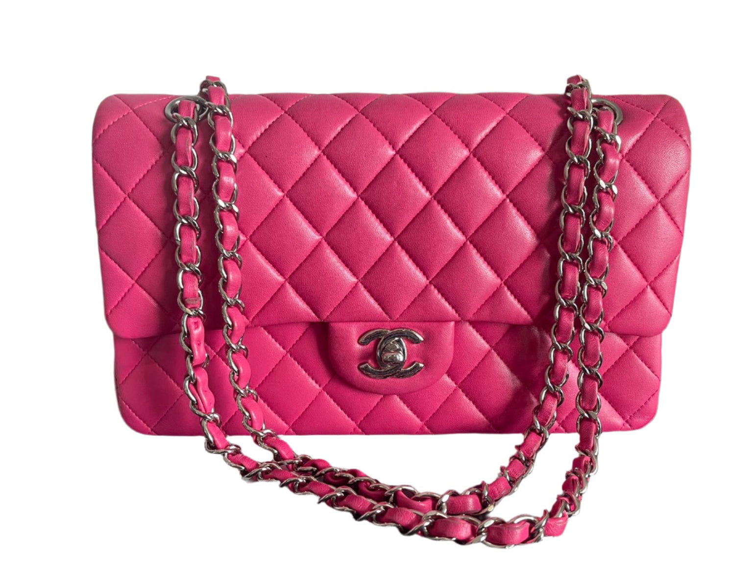 Chanel Timeless Classic Medium Double Flap Bag Hot Pink Lambskin with Silver Hardware