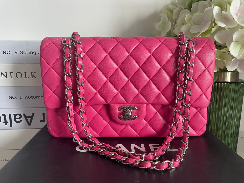 Chanel Timeless Classic Medium Double Flap Bag Hot Pink Lambskin with Silver Hardware