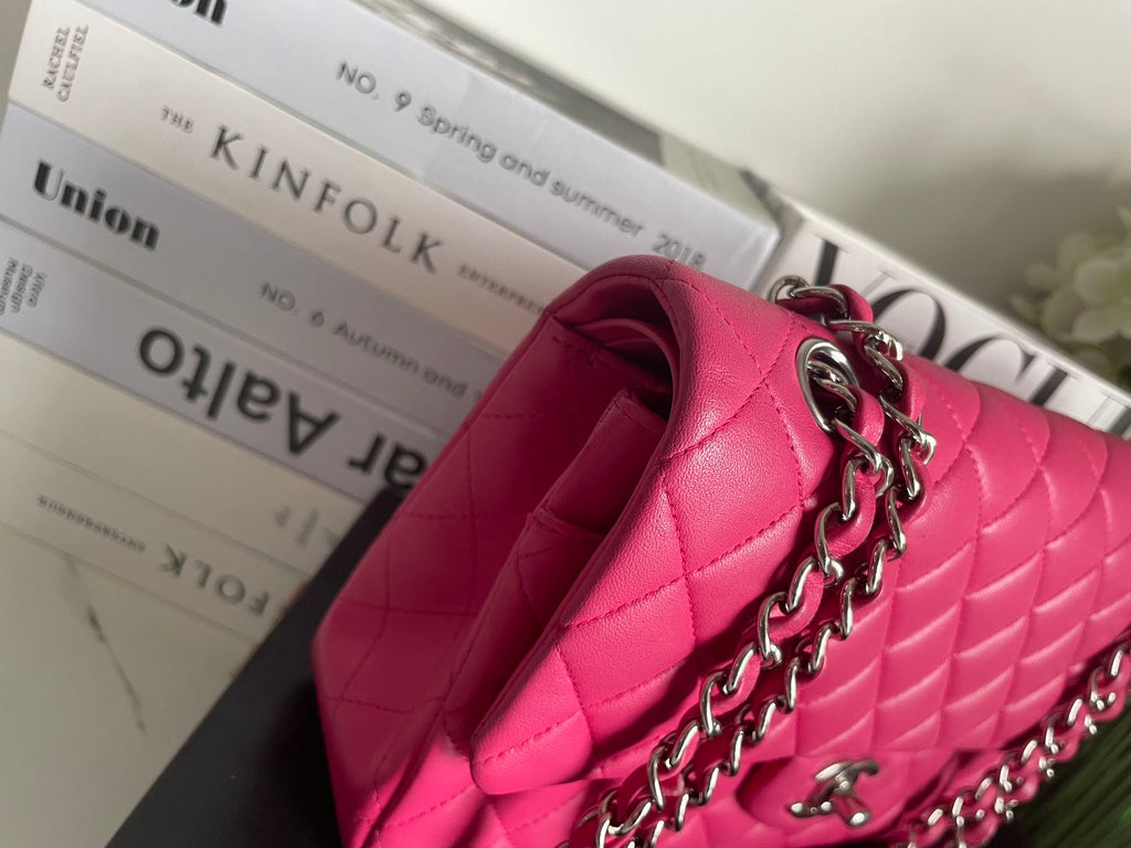 Chanel Timeless Classic Medium Double Flap Bag Hot Pink Lambskin with Silver Hardware