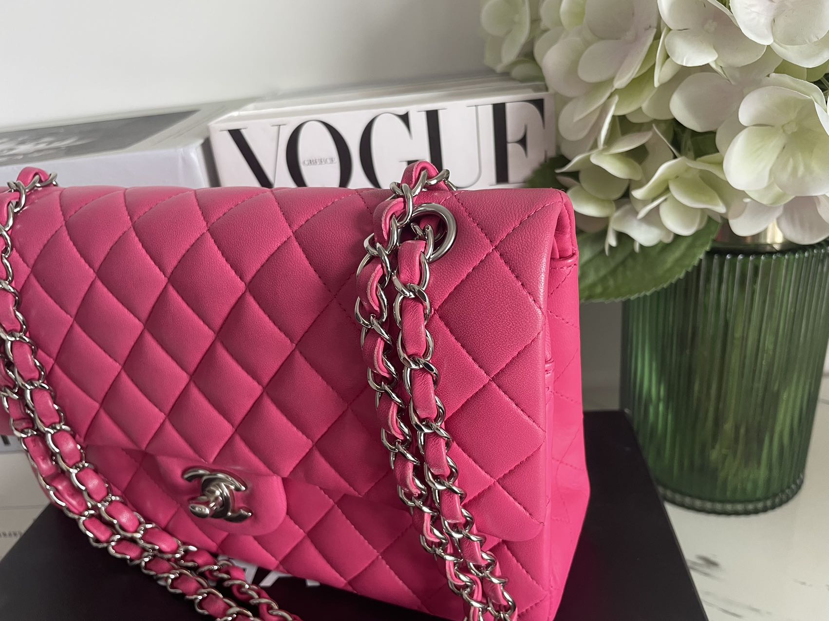 Chanel Timeless Classic Medium Double Flap Bag Hot Pink Lambskin with Silver Hardware