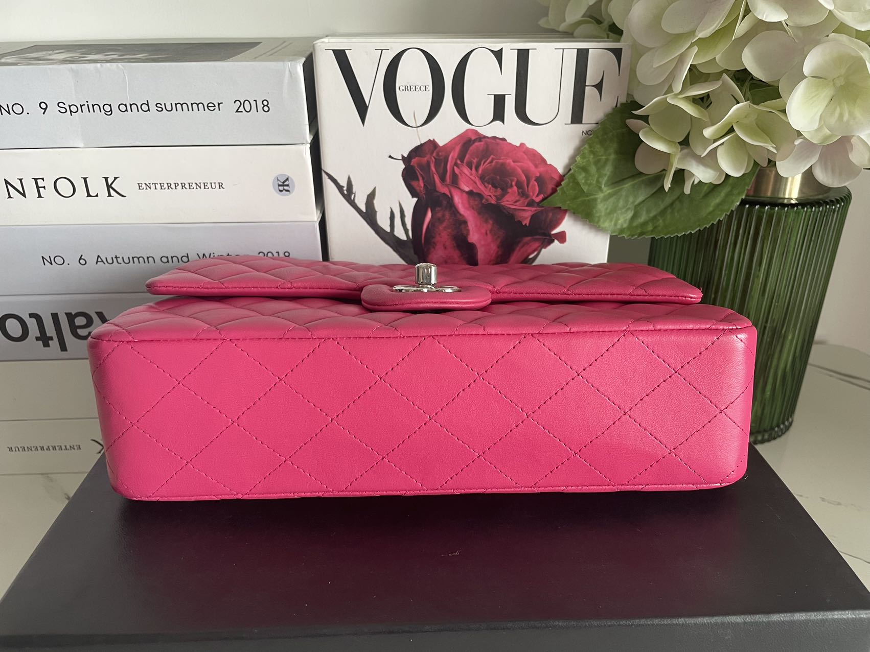 Chanel Timeless Classic Medium Double Flap Bag Hot Pink Lambskin with Silver Hardware