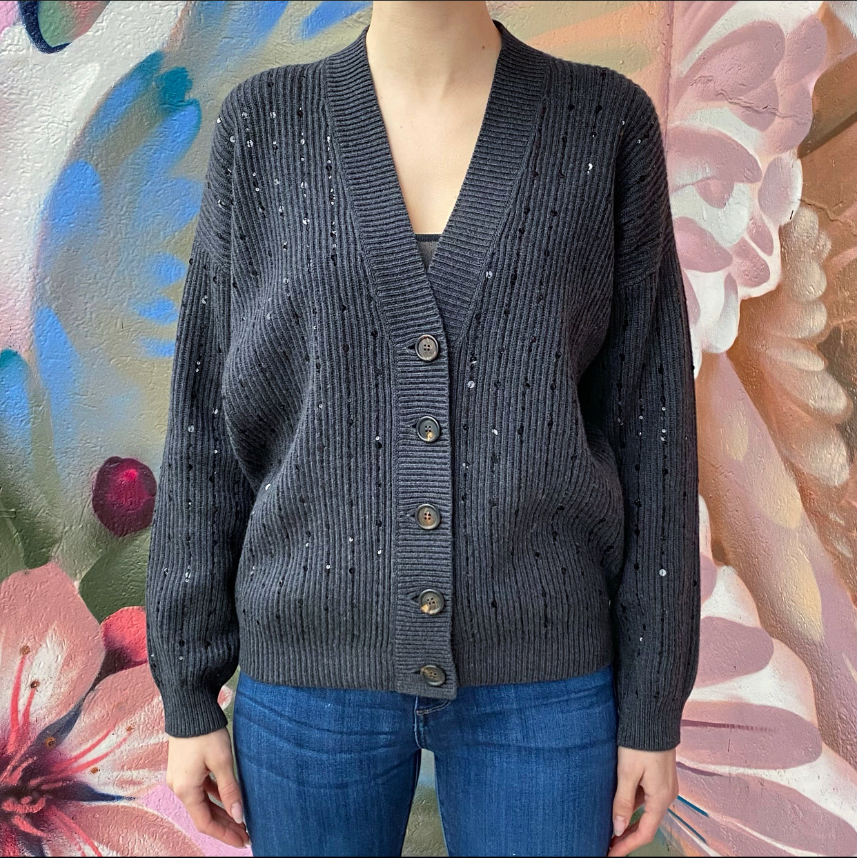 Brunello Cucinelli Charcoal Grey Cashmere Sequin igan - S