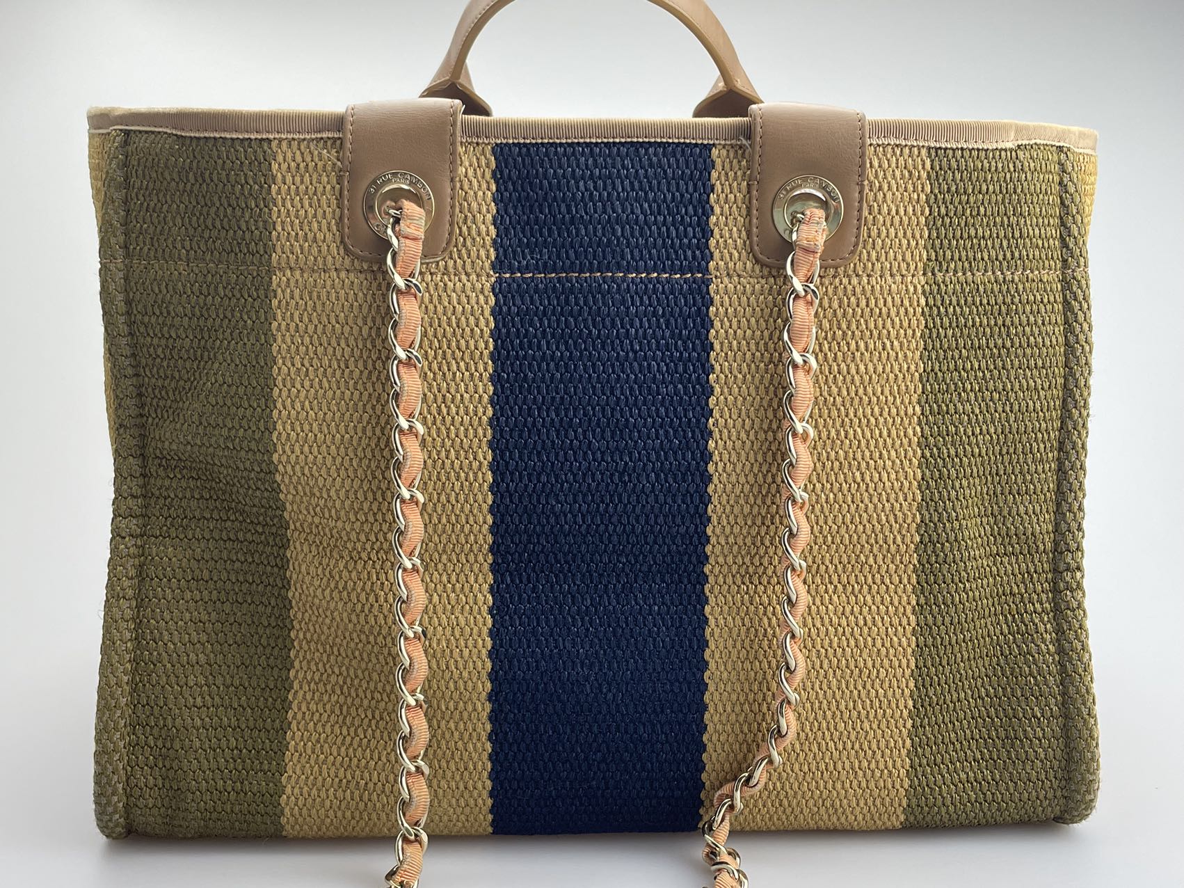 Chanel Deauville Medium Tote Bag in Khaki Beige and Navy Blue Raffia with Gold Hardware