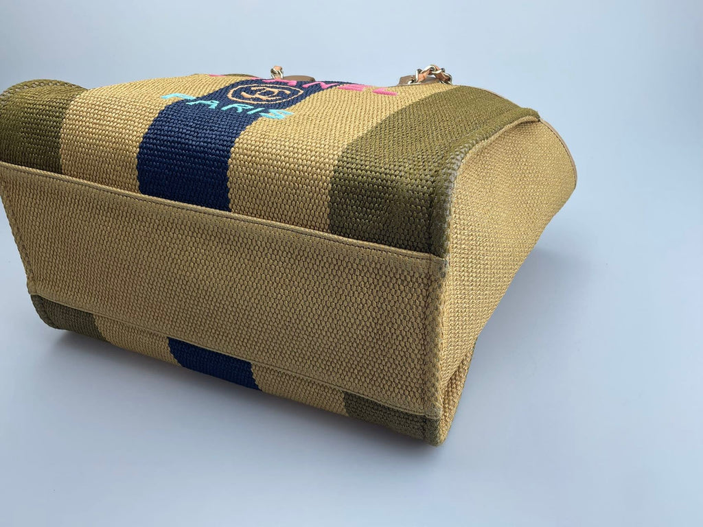 Chanel Deauville Medium Tote Bag in Khaki Beige and Navy Blue Raffia with Gold Hardware