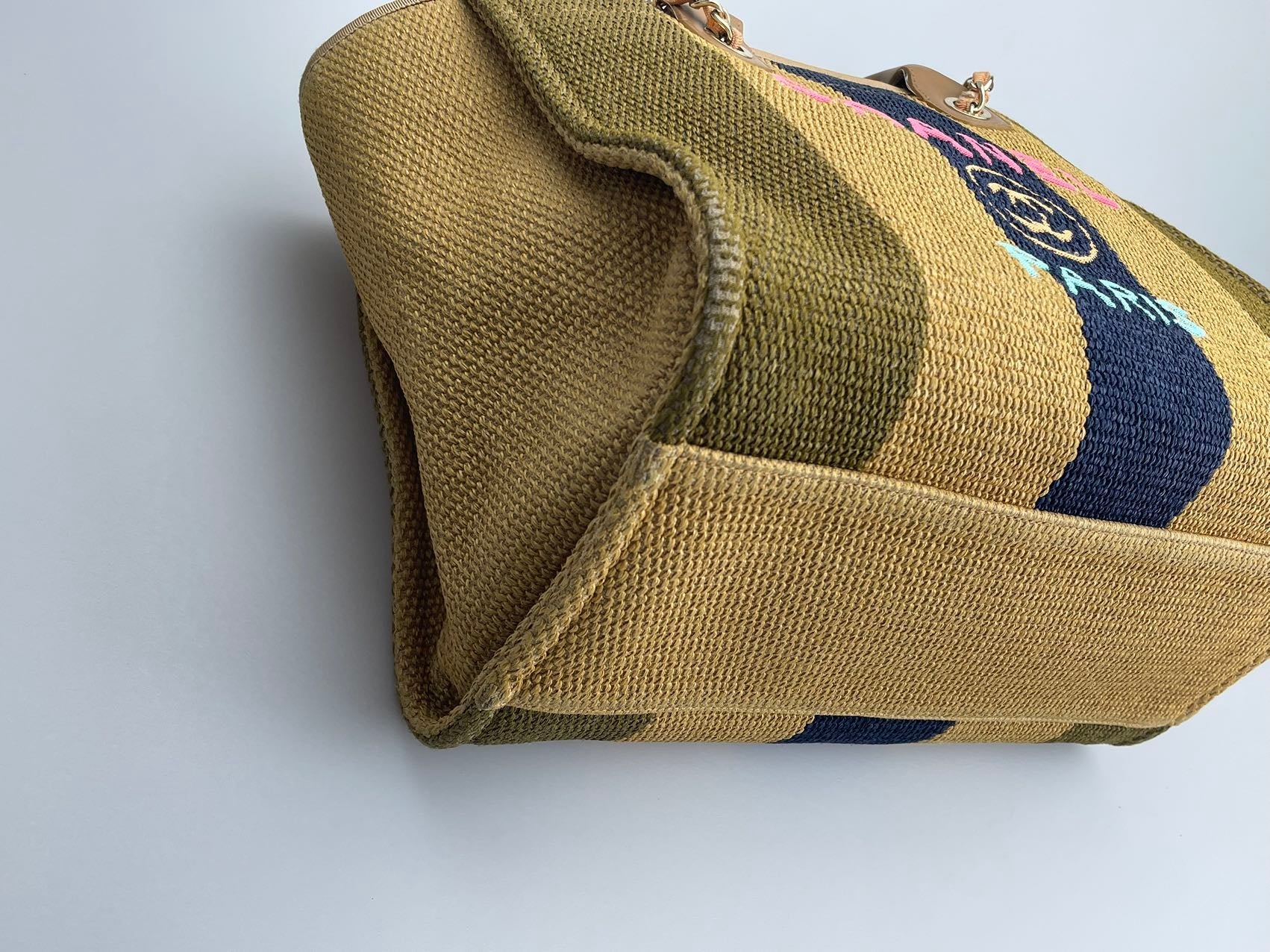 Chanel Deauville Medium Tote Bag in Khaki Beige and Navy Blue Raffia with Gold Hardware