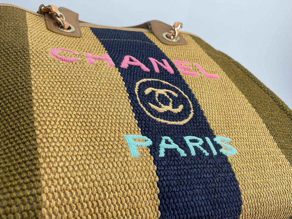 Chanel Deauville Medium Tote Bag in Khaki Beige and Navy Blue Raffia with Gold Hardware