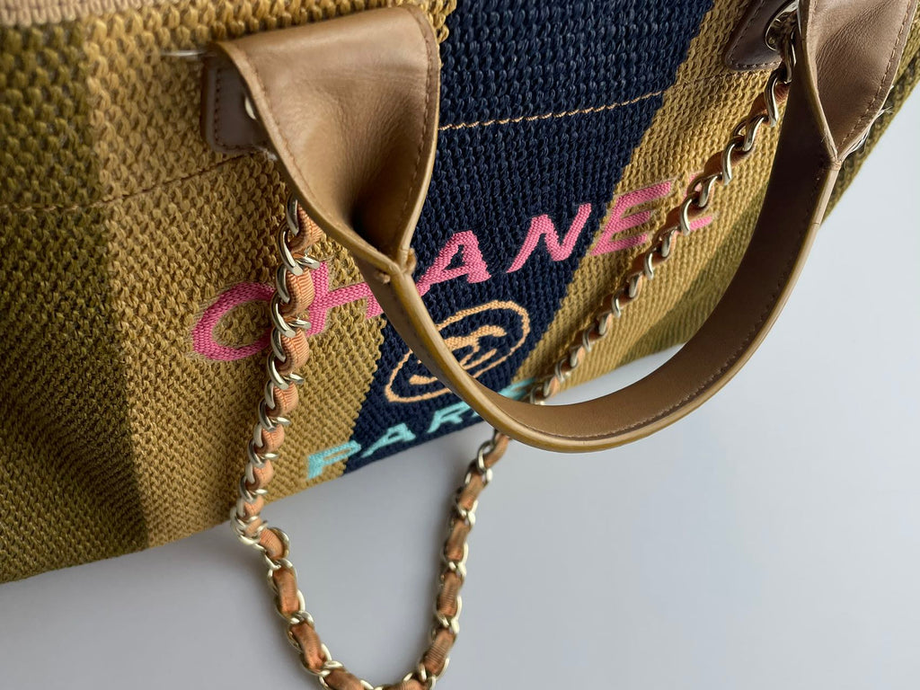 Chanel Deauville Medium Tote Bag in Khaki Beige and Navy Blue Raffia with Gold Hardware