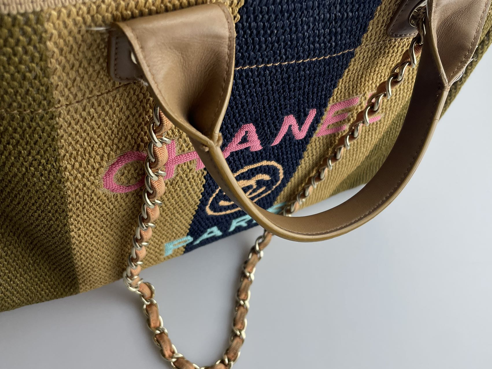 Chanel Deauville Medium Tote Bag in Khaki Beige and Navy Blue Raffia with Gold Hardware