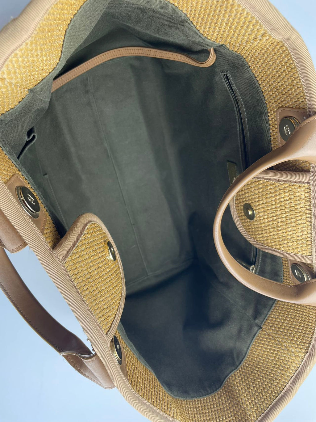 Chanel Deauville Medium Tote Bag in Khaki Beige and Navy Blue Raffia with Gold Hardware