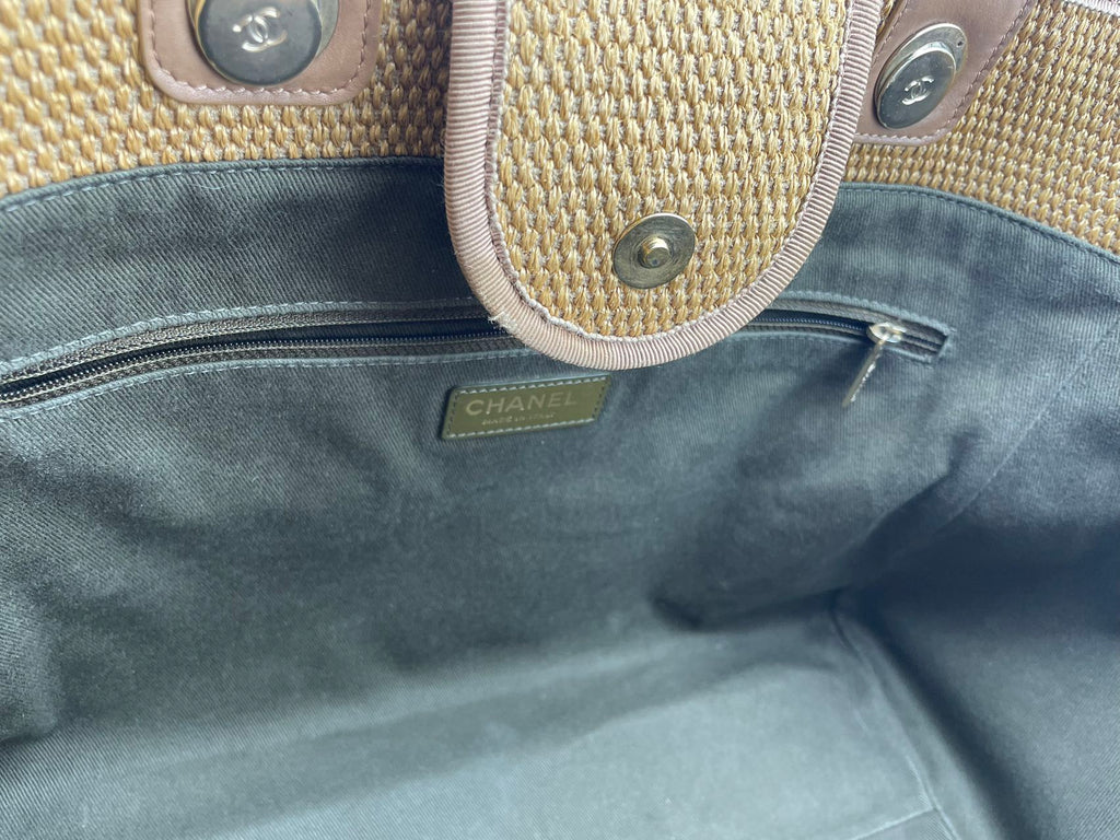 Chanel Deauville Medium Tote Bag in Khaki Beige and Navy Blue Raffia with Gold Hardware
