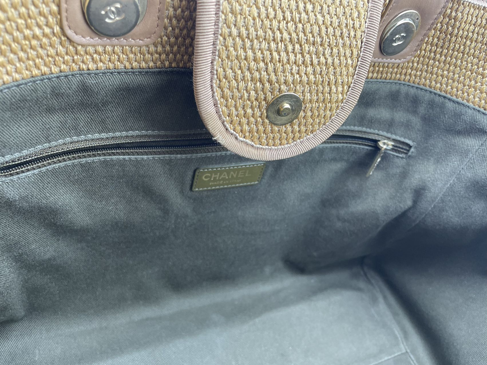Chanel Deauville Medium Tote Bag in Khaki Beige and Navy Blue Raffia with Gold Hardware