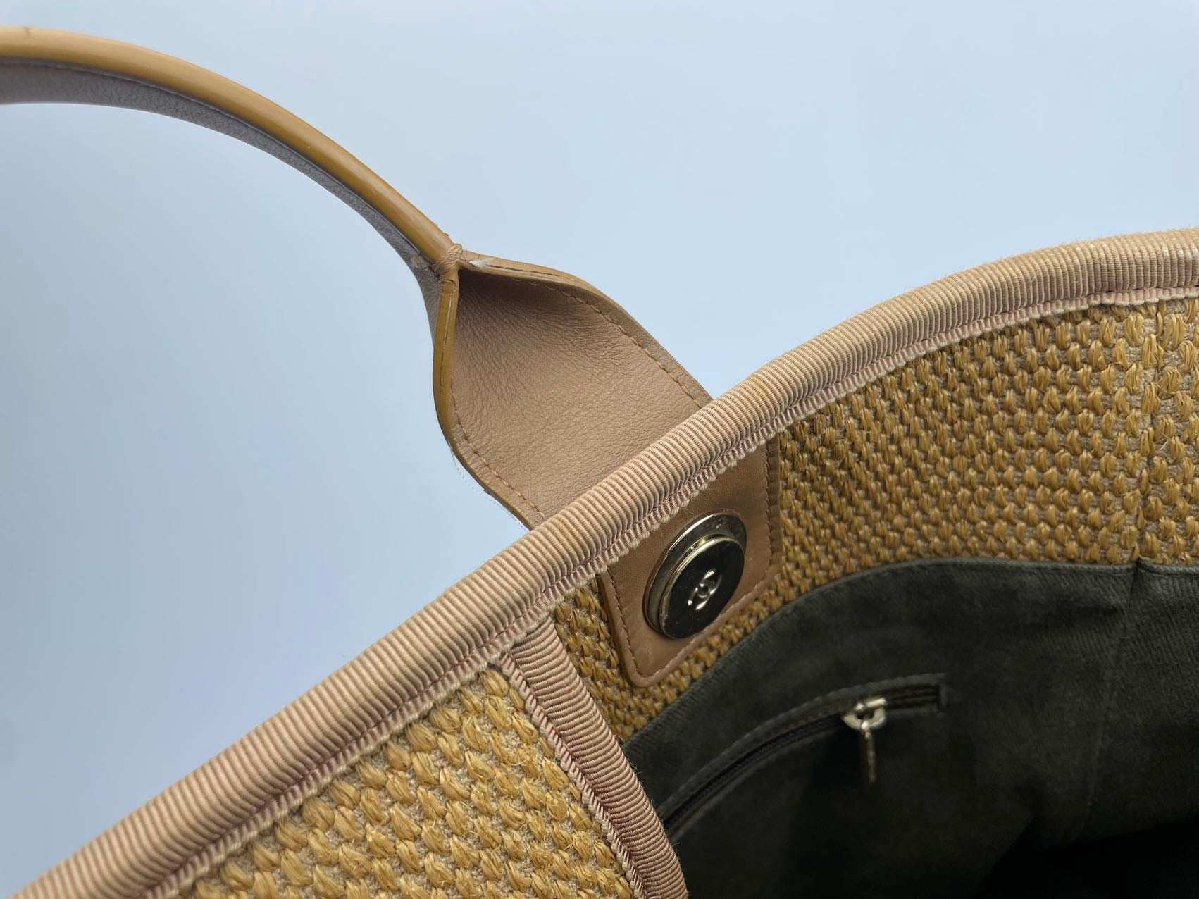 Chanel Deauville Medium Tote Bag in Khaki Beige and Navy Blue Raffia with Gold Hardware