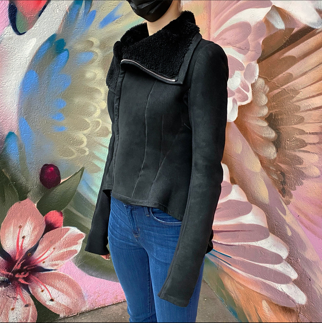 Rick Owens Black Shearling Asymmetrical Hemline Zip Jacket - USA M