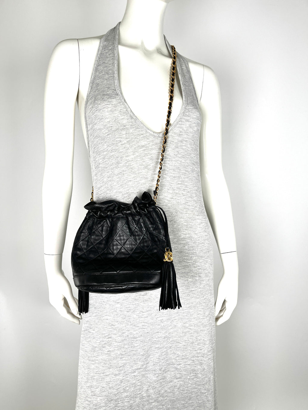 Vintage CHANEL 24k Gold Black Lambskin Leather Quilted Bucket Shoulder Bag
