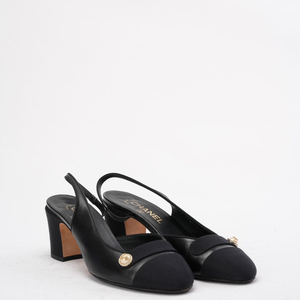 Chanel Black Suede & Leather CC Slingback Pumps 39C