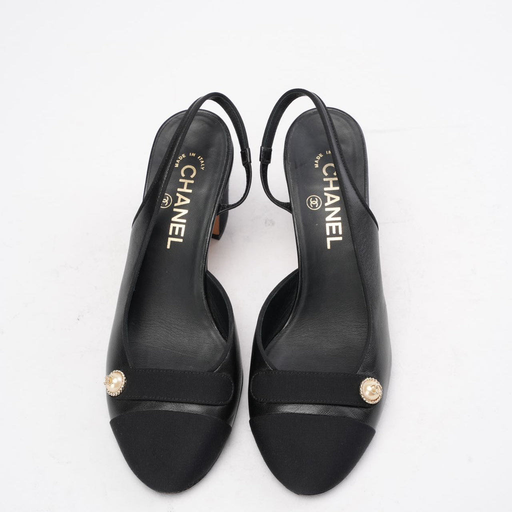 Chanel Black Suede & Leather CC Slingback Pumps 39C