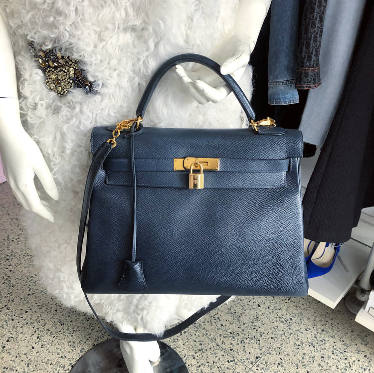 Hermes Vintage 1994 Kelly Retourne 32 Navy Courcheval GHW