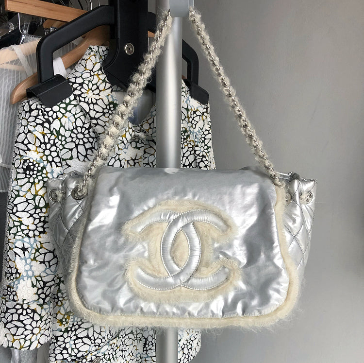 Chanel XL Silver Polar Flap CC Logo Flap Shoulder Bag