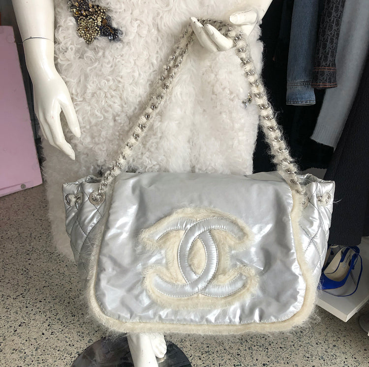 Chanel XL Silver Polar Flap CC Logo Flap Shoulder Bag